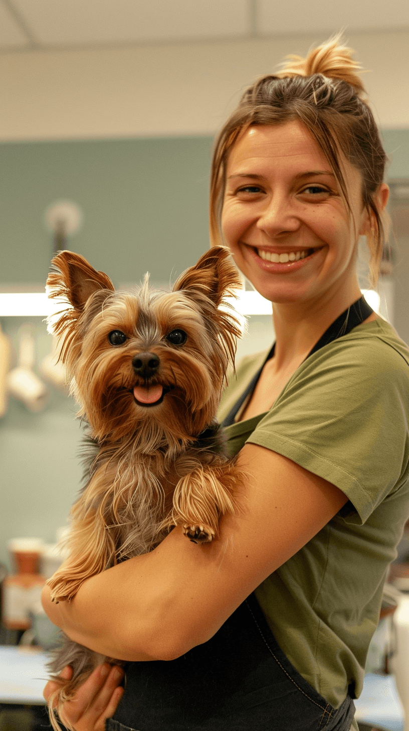 A mobile pet groomer smiling while working