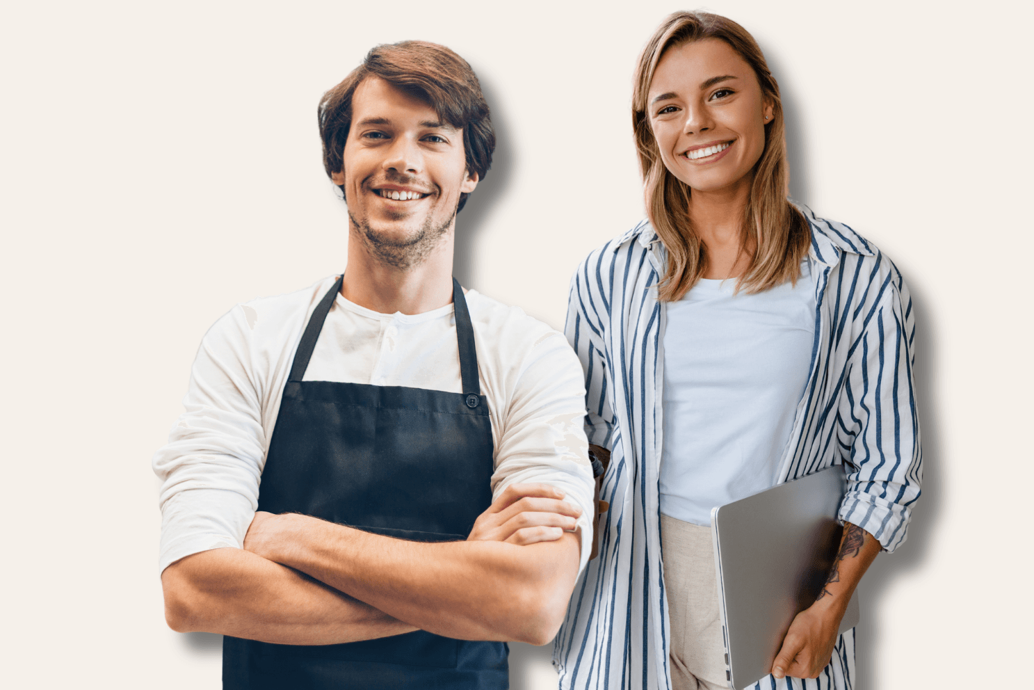 Local business owners smiling, barista with apron and woman with laptop