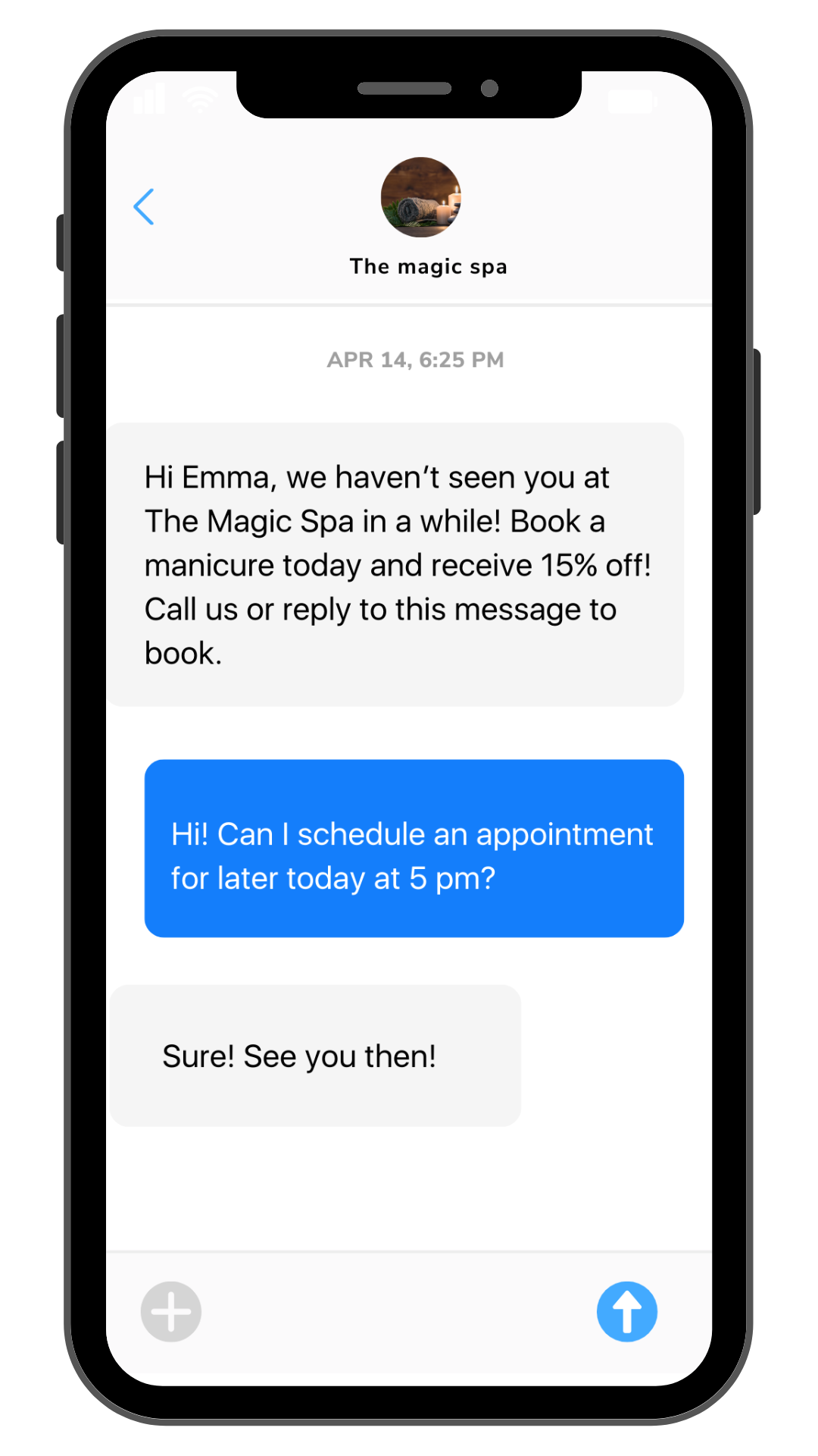 Spa reactivation text with promotion